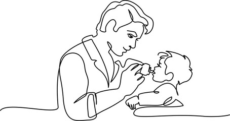 Dad feeds newborn from bottle. Continuous single drawn one line drawing