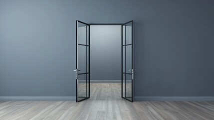 Interior shot of open glass doors centered against a gray wall, facing a light wooden floor
