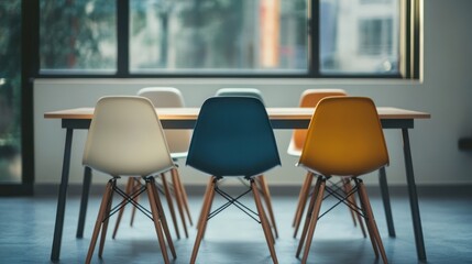 A conference table with colorful chairs is centered in a bright room, with large windows