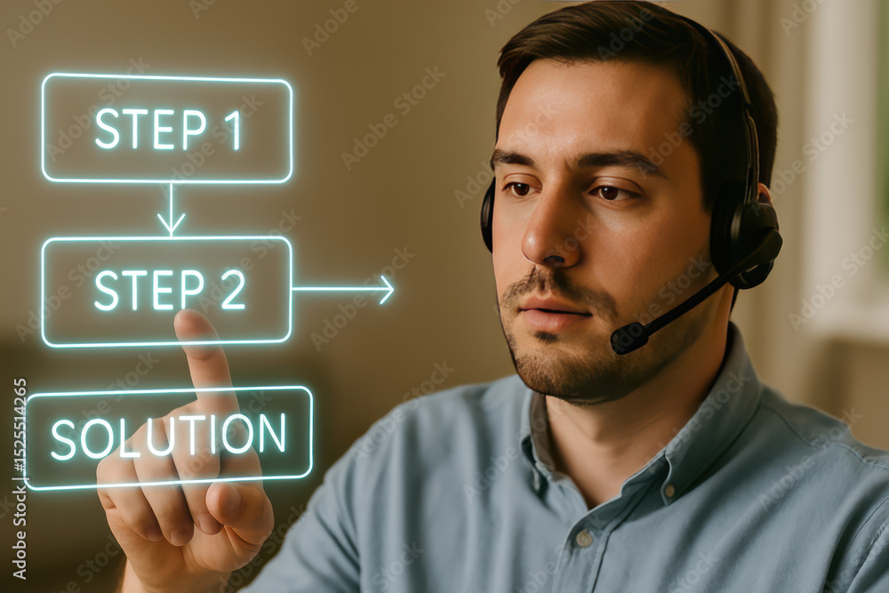 Poster a focused man is pointing at the step 2 toward the solution, showcasing a clear path to solving prob