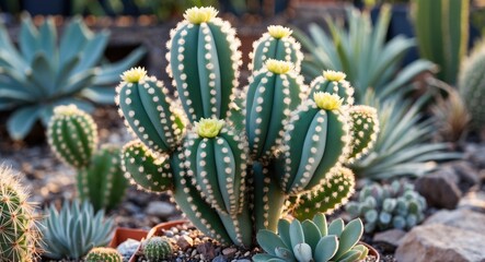 Obraz premium A collection of cacti and succulents with a prominent tall, green cactus with white dots and yellow flowers at the top.