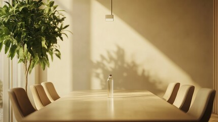 Light-filled room with a long table, chairs, and a plant, showcasing a warm, minimalist aesthetic