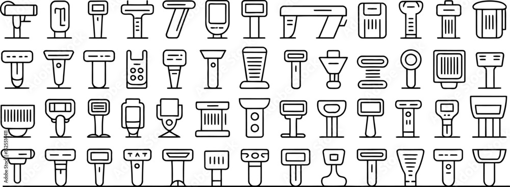 Aufkleber set of linear outline icons representing different types of modern flashlights
