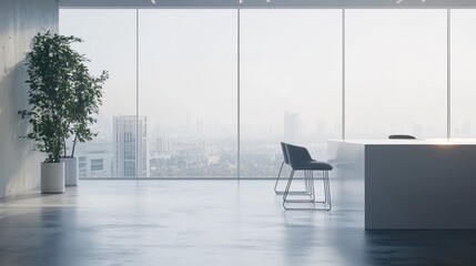 An empty office interior with large windows, overlooking a cityscape, and a modern, minimalist design