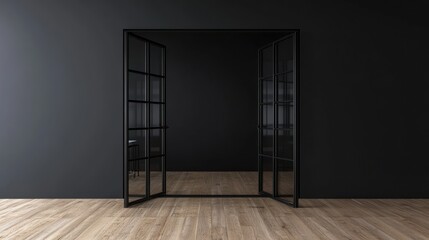Dark room with black doors