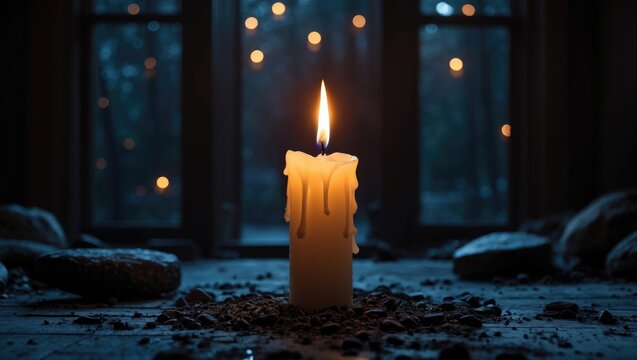 A solitary candle burning with a flickering flame indoors, near a window with blurred lights, creating a calm and contemplative atmosphere.