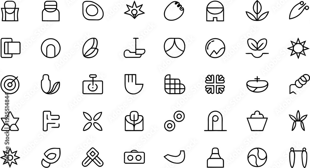 Poster set of minimalist black and white line icons representing various objects and symbols