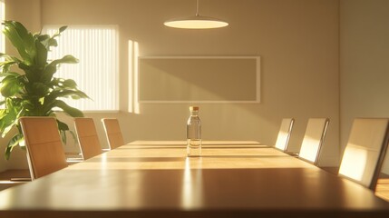 Sunlit minimalist conference room with a long wooden table, chairs, a plant, and a whiteboard.  A glass bottle sits centrally on the table