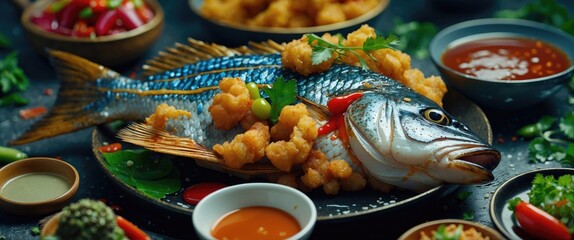 Fresh fish with fried batter, surrounded by various dipping sauces and side dishes. Seafood cuisine, culinary presentation. Freshness and flavor in a seafood meal.