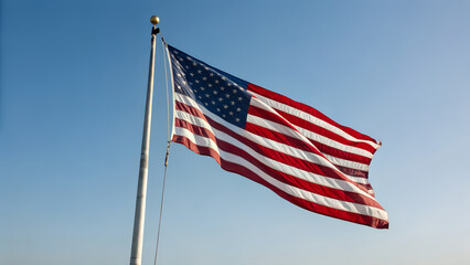 Obraz premium American flag waving proudly against a clear blue sky background