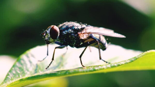 A housefly rests on an olive-green leaf, its tiny legs gripping the surface, wings shimmering slightly in the sunlight.