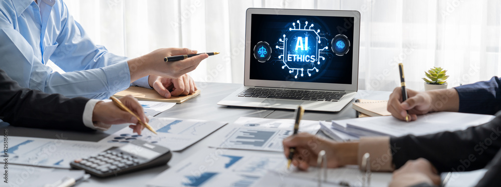 Poster ai ethics responsibility standard law and rules on computer screen provide report of ai ethic transp