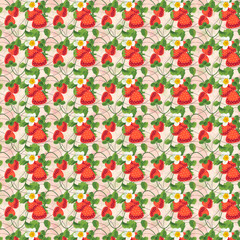 Seamless Tropical Fruit Pattern with Strawberry, Raspberry, Orange and Pear, Colorful Repeating Background for Fabric, Wallpaper, Wrapping Paper, and Surface Design