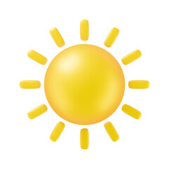 Glossy yellow sun sphere ball icon with sunbeam in realistic 3d soft style isolated on white background. Vector of sun summer object for weather mobile UI app, web design button, sale banner or poster