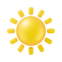 Glossy yellow sun sphere ball icon with sunbeam in realistic 3d soft style isolated on white background. Vector of sun summer object for weather mobile UI app, web design button, sale banner or poster