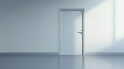 Interior scene of a simple white door set against a plain wall with light