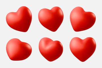 Set of red realistic 3D hearts icon in different angles isolated on white background. Perfect for romantic Valentines Day, Mother day, Wedding or Birthday greeting card Vector illustration love symbol