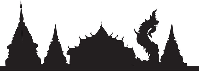 wat rong khun and naga silhouette, traditional Thai architecture vector for cultural tourism and spiritual projects