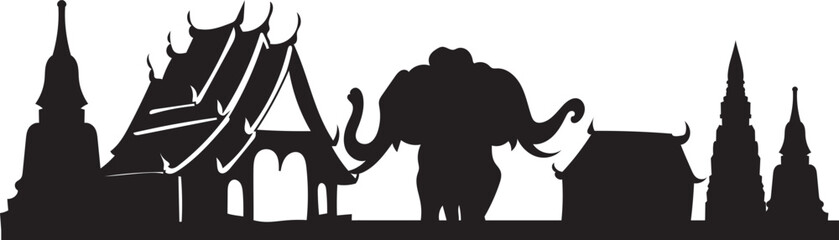 elephant and forest temple, traditional Thai architecture vector for cultural tourism and spiritual projects
