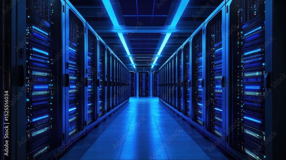 Aufkleber Modern large data center interior with rows of illuminated server racks and blue lighting, ideal for representing cloud technology, cybersecurity, big data, and futuristic IT infrastructure visuals