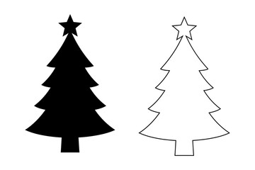 Two christmas trees one black and one in outline form christmas, vector, silhouette,  illustration, horizontal, isolated assets,