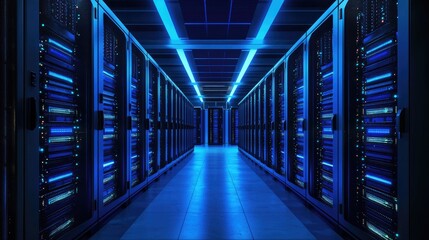Fototapeta premium Modern large data center interior with rows of illuminated server racks and blue lighting, ideal for representing cloud technology, cybersecurity, big data, and futuristic IT infrastructure visuals
