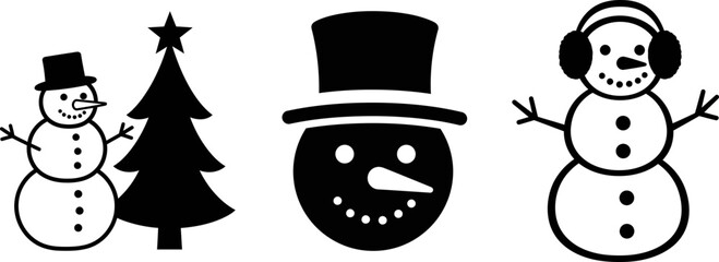 Silhouetted christmas snowmen and tree decorations christmas, vector, silhouette,  illustration, horizontal, isolated assets,