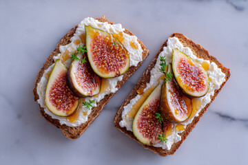Top-down of open sandwich with ricotta, figs, and honey drizzle served on rustic surface, commercial-ready image