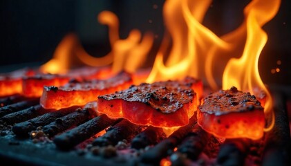 Close-up of vibrant flames licking a grilling surface, intense heat visible, perfect for culinary or BBQ themes , cooking, power