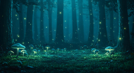 Enchanted Forest Landscape With Glowing Mushrooms And Magical Fireflies At Night © yacine