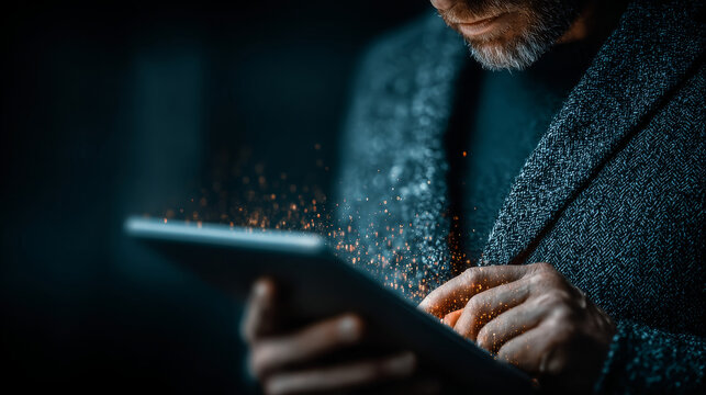 Cybersecurity: Businessman using tablet analyzing cybersecurity record on tablet. Digital protection and network connection on modern virtual screen interface, threat detection, technology and network