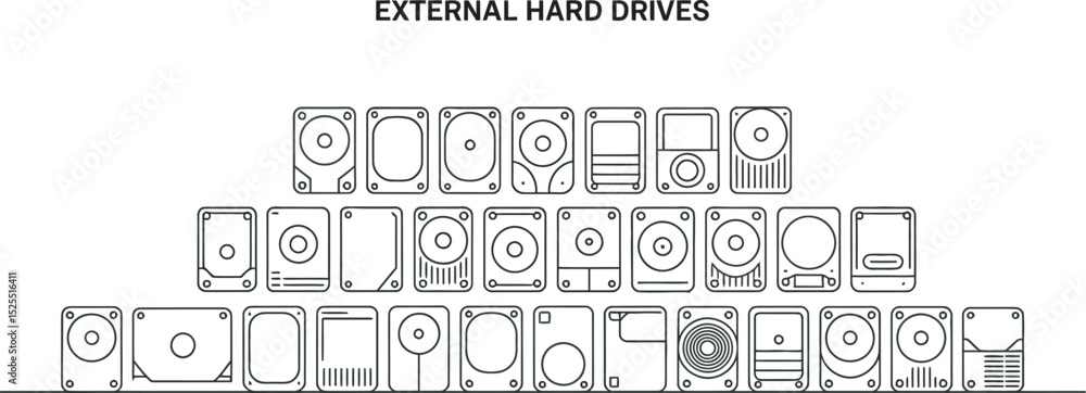 Fototapete collection of outline style vector icons depicting different external hard drives
