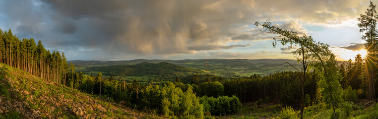 Spring sunset view from hill Svatobor near town Susice in south west Bohemia