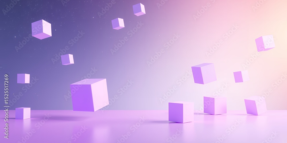 Poster floating pastel cubes against a soft gradient background creating a minimalist composition art