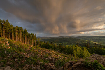 Spring sunset view from hill Svatobor near town Susice in south west Bohemia