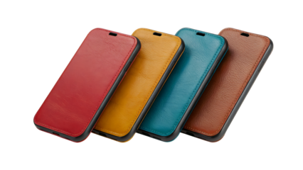 Red leather case with a set of isolated leather belts, a brown wallet, and a black leather notebook, perfect business accessories for organizing personal finance and currency