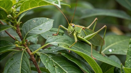 Obraz premium Katydid camouflaged among leaves front view nature photography forest environment close-up perspective insect adaptation