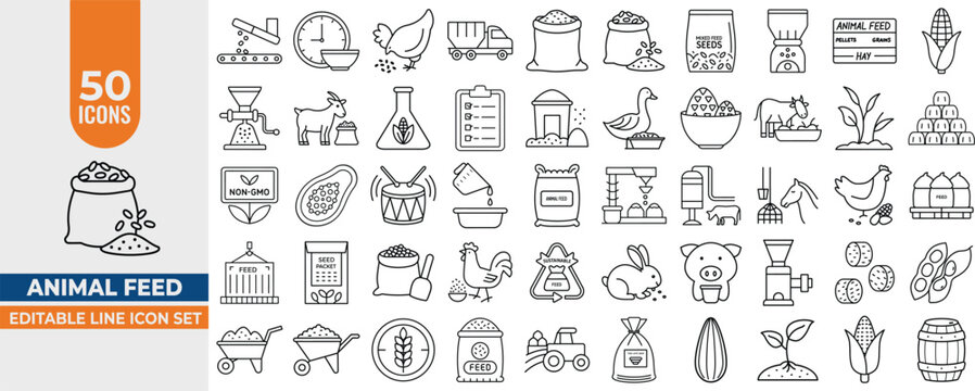 50 Editable Line Icons – Animal Feed, Farmyard, Feed Production, Corn, Pellets, Seeds & Fodder. Vector Illustrations for Agriculture & Farming