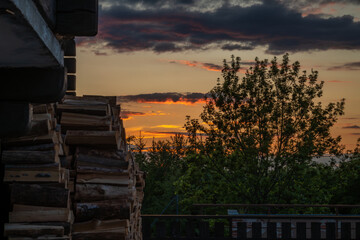 Spring sunset view for wooden house on hill Svatobor in south west Bohemia