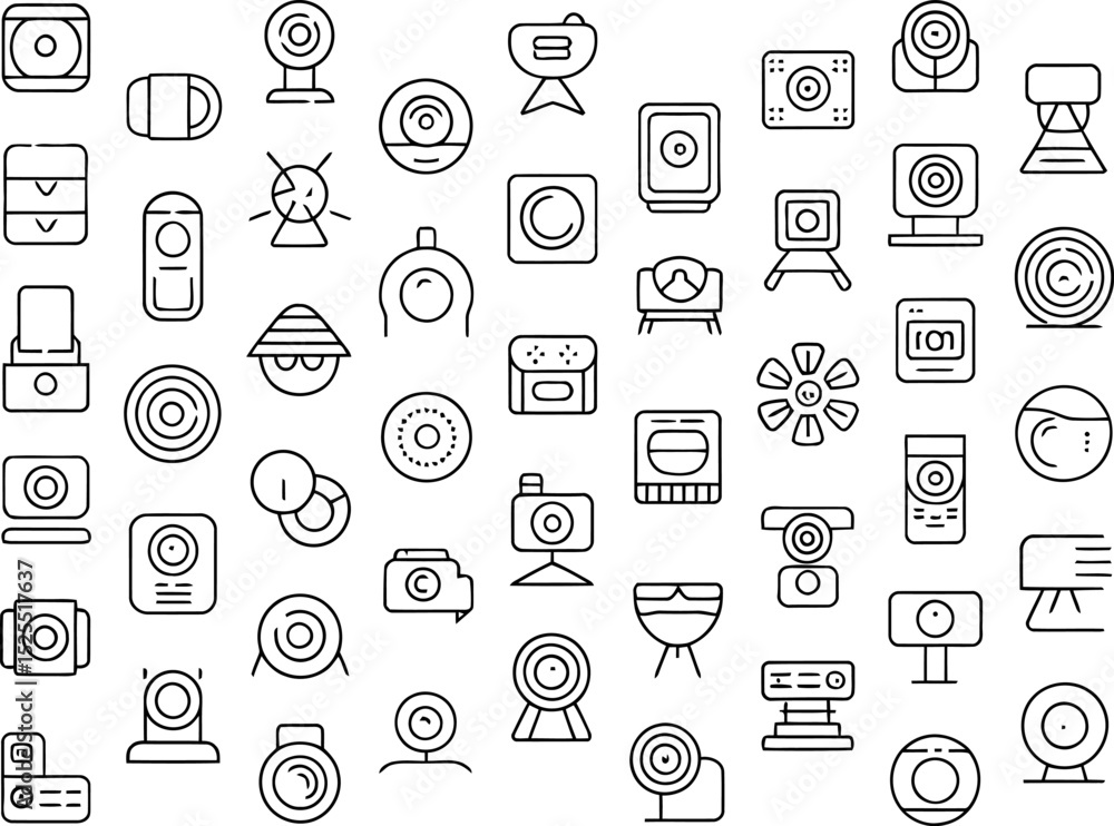 Poster collection of various webcam and camera icons in modern outline style for design projects