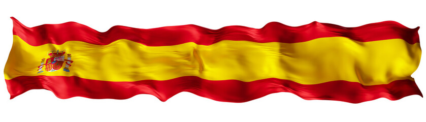 Stylized flag of Spain waving in the wind on transparent background. Footer, header or divider. Cut out wide, panoramic element. Banner for patriotic themes or national event promotions. 3D.