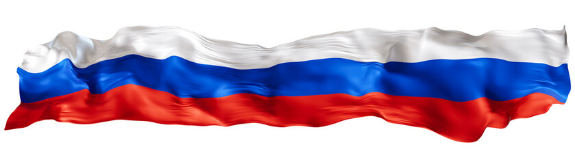 Stylized flag of Russia waving in the wind on transparent background. Footer, header or divider. Cut out wide, panoramic element. Banner for patriotic themes or national event promotions. 3D.