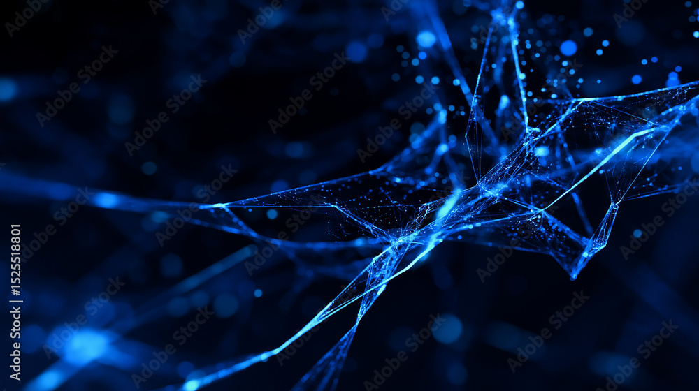 Poster flowing stream of blue particles forming a dynamic digital wave on black background.