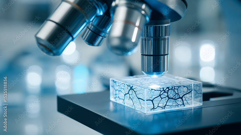 Aufkleber close-up of a microscope examining a transparent biological sample in a modern laboratory.