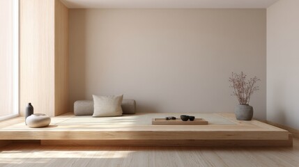 Fototapeta premium Japandi style room with light wood elements, low bed platform, beige walls, natural textures, no visible objects or decor, tidy space