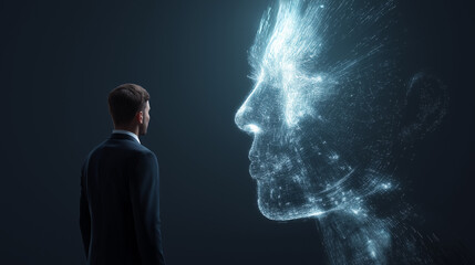 Fototapeta premium Businessman facing large glowing digital face symbolizing AI presence and future interaction. 