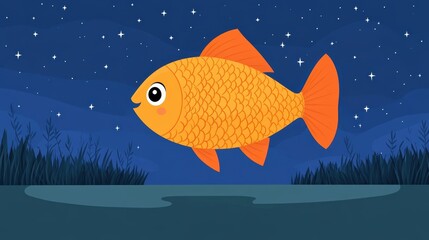 An orange cartoon fish swims gracefully against a starry night sky, surrounded by aquatic plants, This playful illustration is ideal for children's book covers, educational materials