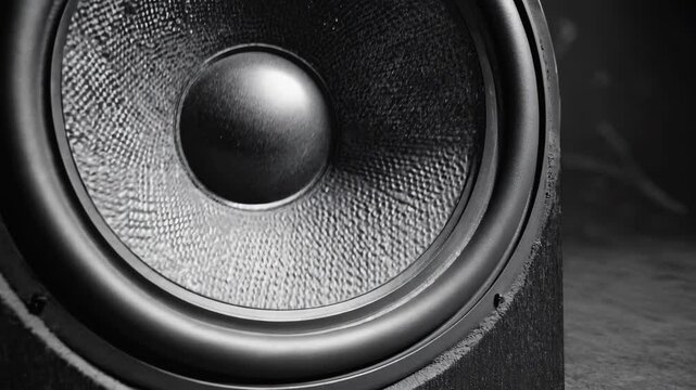 Close-up of a black and silver speaker cone showing texture and detail, symbolizing sound, bass, music performance, audio equipment, volume, vibration, and high-quality stereo or home theater systems