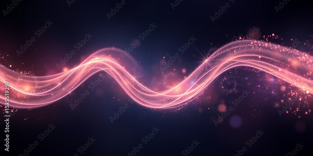 Poster abstract pink glowing wave with blurred particles floating on a dark background design element