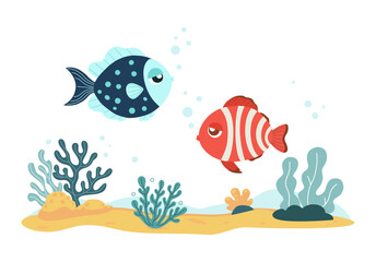 Fototapeta premium Two Cute Tropical Fish and Sea Plants seaweed, Coral on seabed. Underwater seascape landscape. Vector illustration. Kids collection